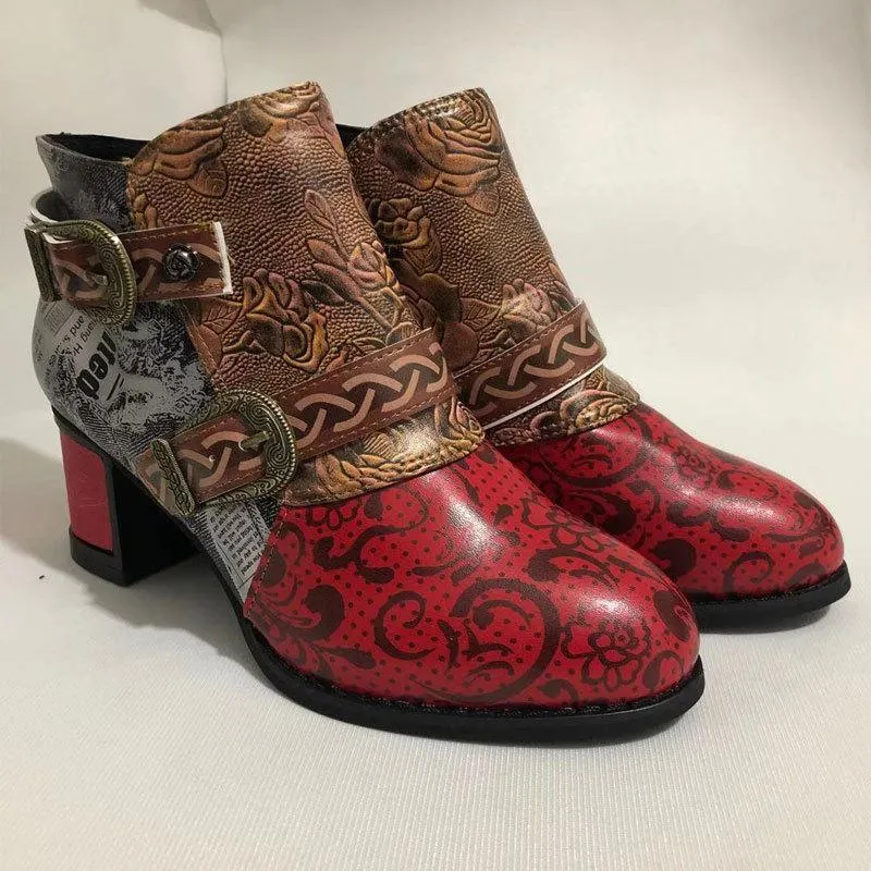 Women retro buckle strap flower chunky heel ankle boots
