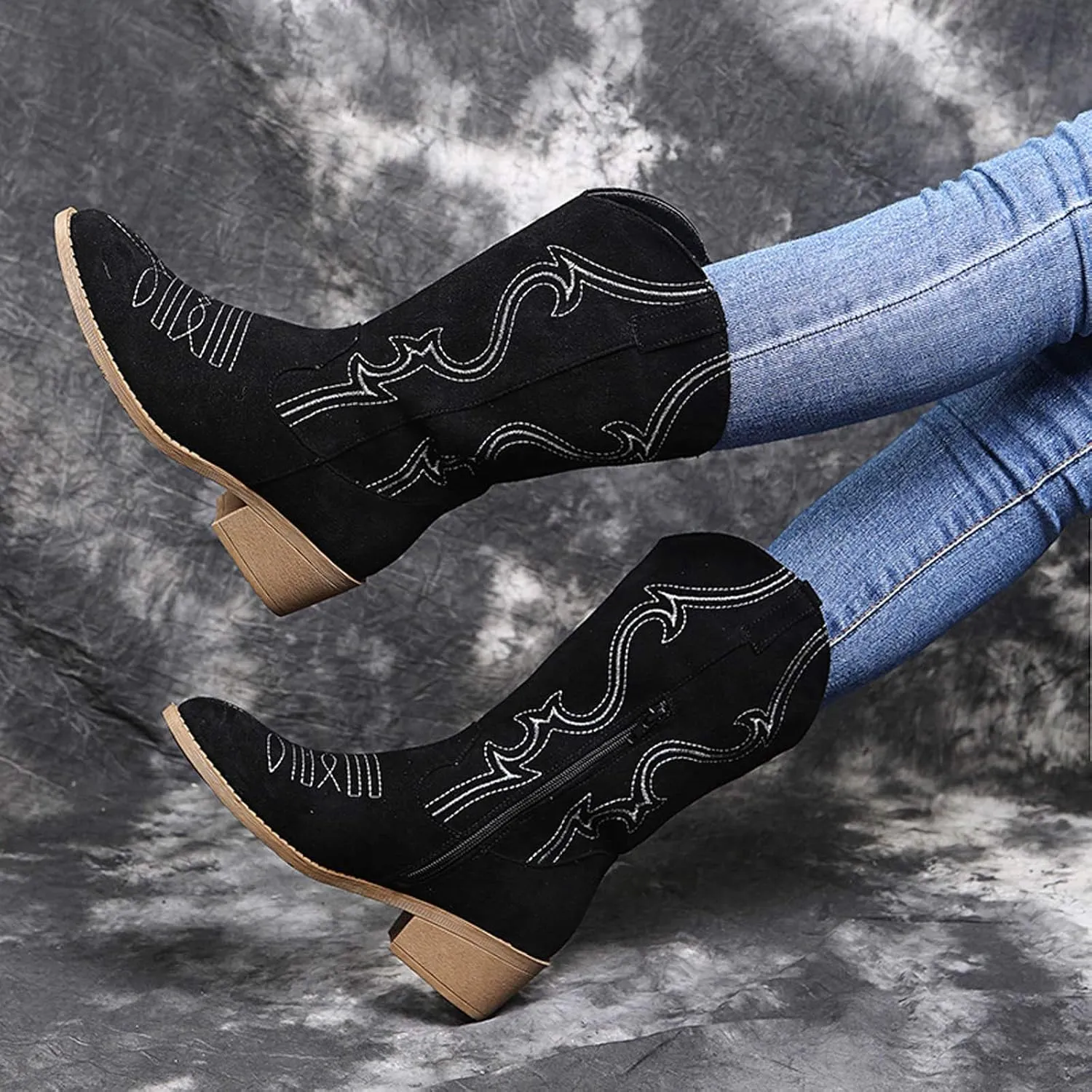 Womens Boots Retro Zipper Square Heel Exquisite Boots for Women Durable Soles Noble Leather Mid-Calf Boots