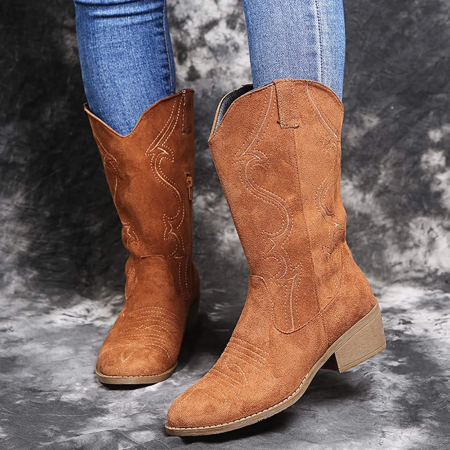 Womens Boots Retro Zipper Square Heel Exquisite Boots for Women Durable Soles Noble Leather Mid-Calf Boots