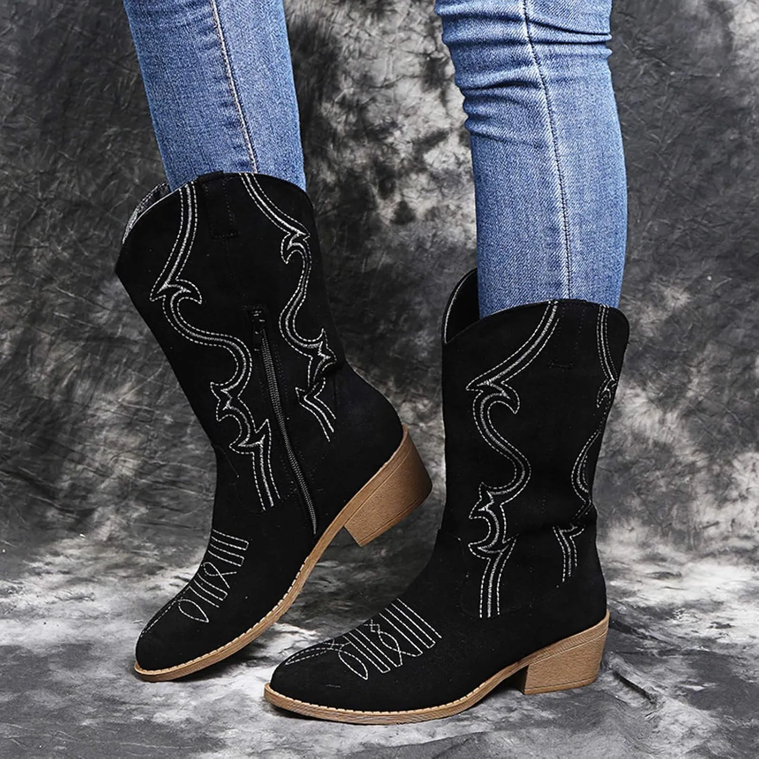 Womens Boots Retro Zipper Square Heel Exquisite Boots for Women Durable Soles Noble Leather Mid-Calf Boots