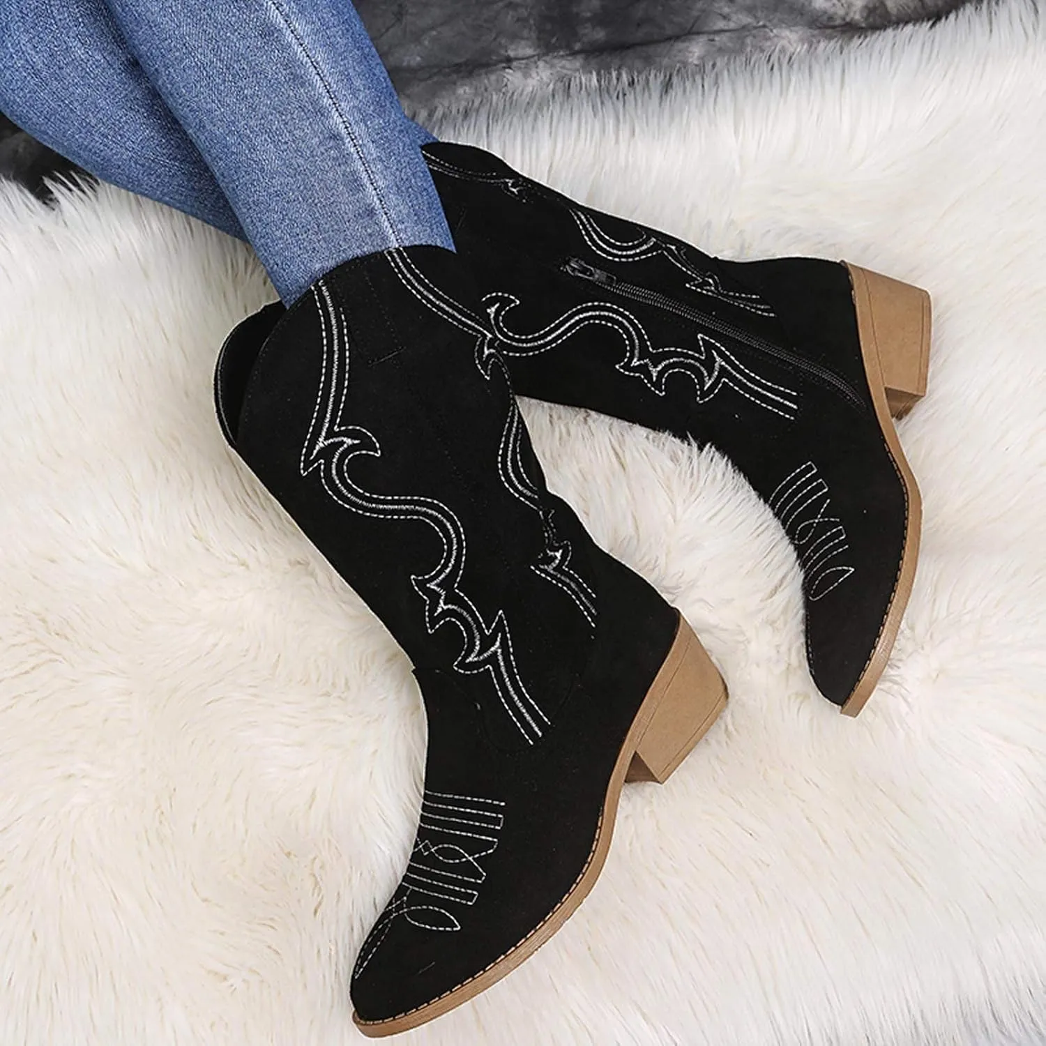 Womens Boots Retro Zipper Square Heel Exquisite Boots for Women Durable Soles Noble Leather Mid-Calf Boots