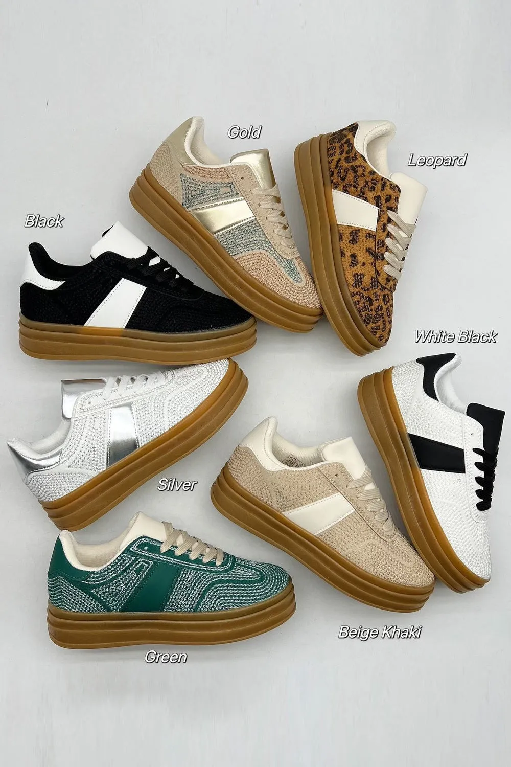 WOMENS GUM LAYRED SOLE THREAD DETAIL PLATFORM TRAINERS IN GOLD