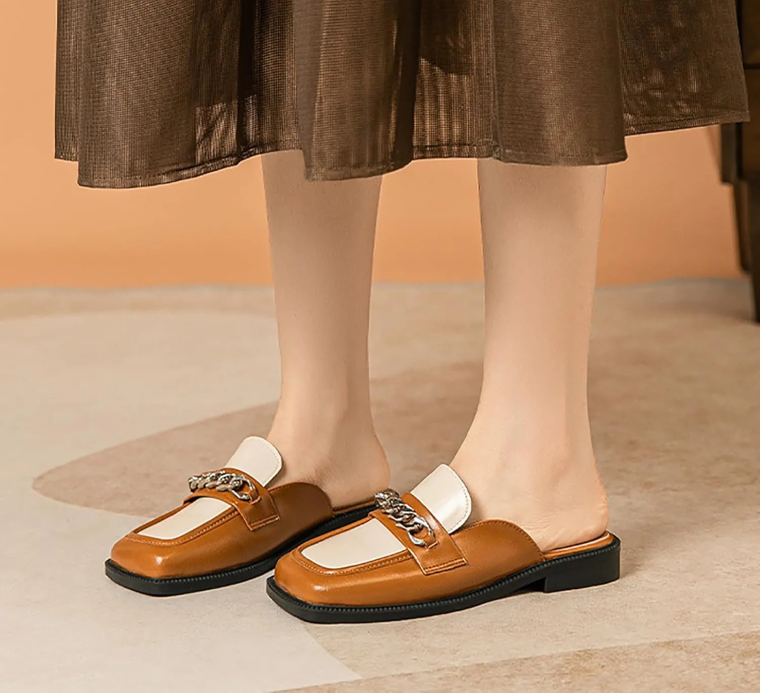 Women's Leather Square Toe Chunky Heel Mules,Fashion Metal Chain Slip-On Slides Loafer,Comfortable Backless Clogs Slippers