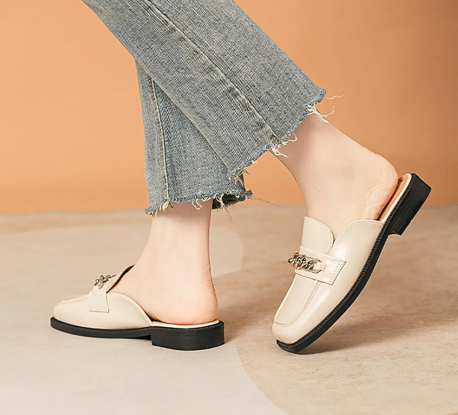 Women's Leather Square Toe Chunky Heel Mules,Fashion Metal Chain Slip-On Slides Loafer,Comfortable Backless Clogs Slippers