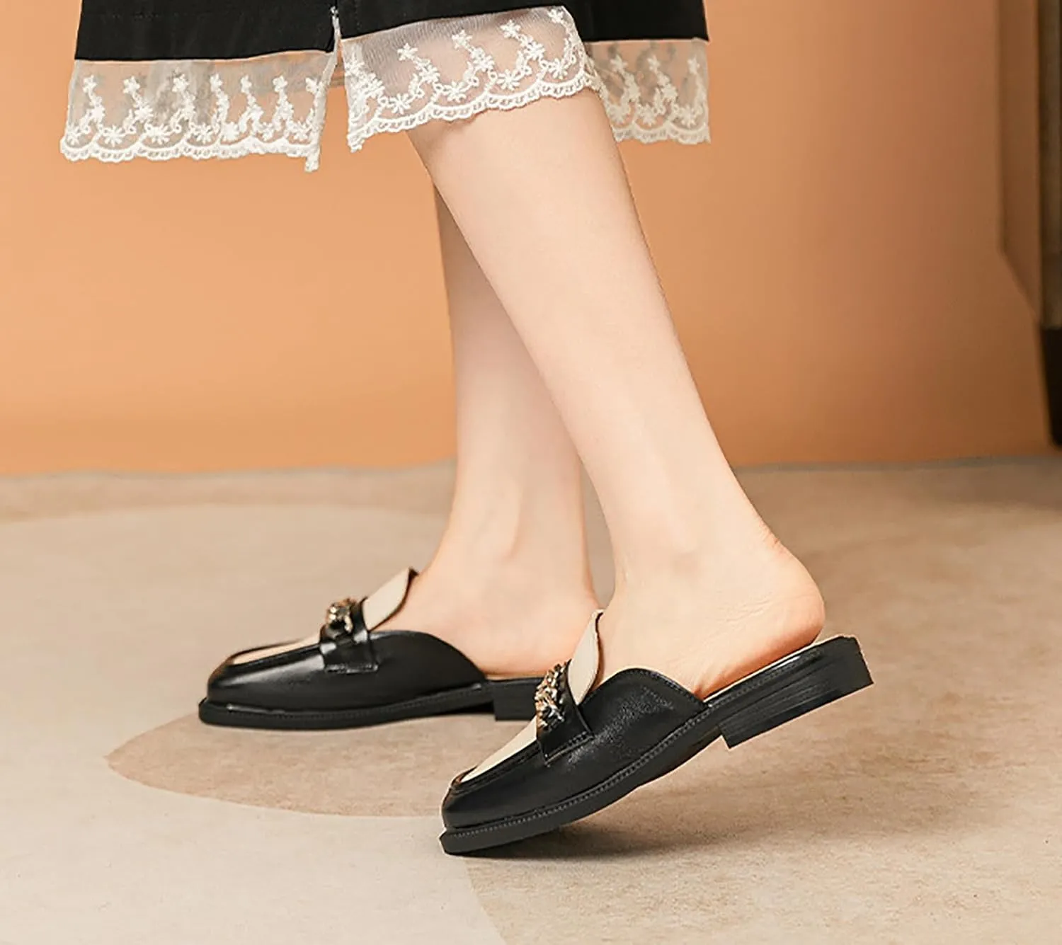 Women's Leather Square Toe Chunky Heel Mules,Fashion Metal Chain Slip-On Slides Loafer,Comfortable Backless Clogs Slippers