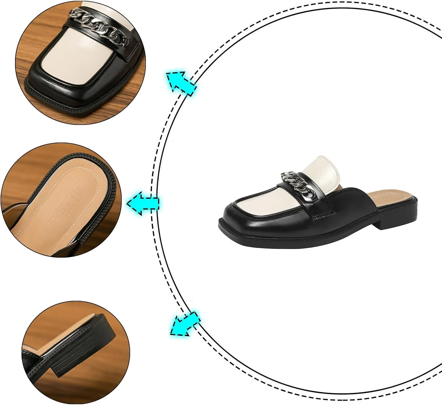 Women's Leather Square Toe Chunky Heel Mules,Fashion Metal Chain Slip-On Slides Loafer,Comfortable Backless Clogs Slippers