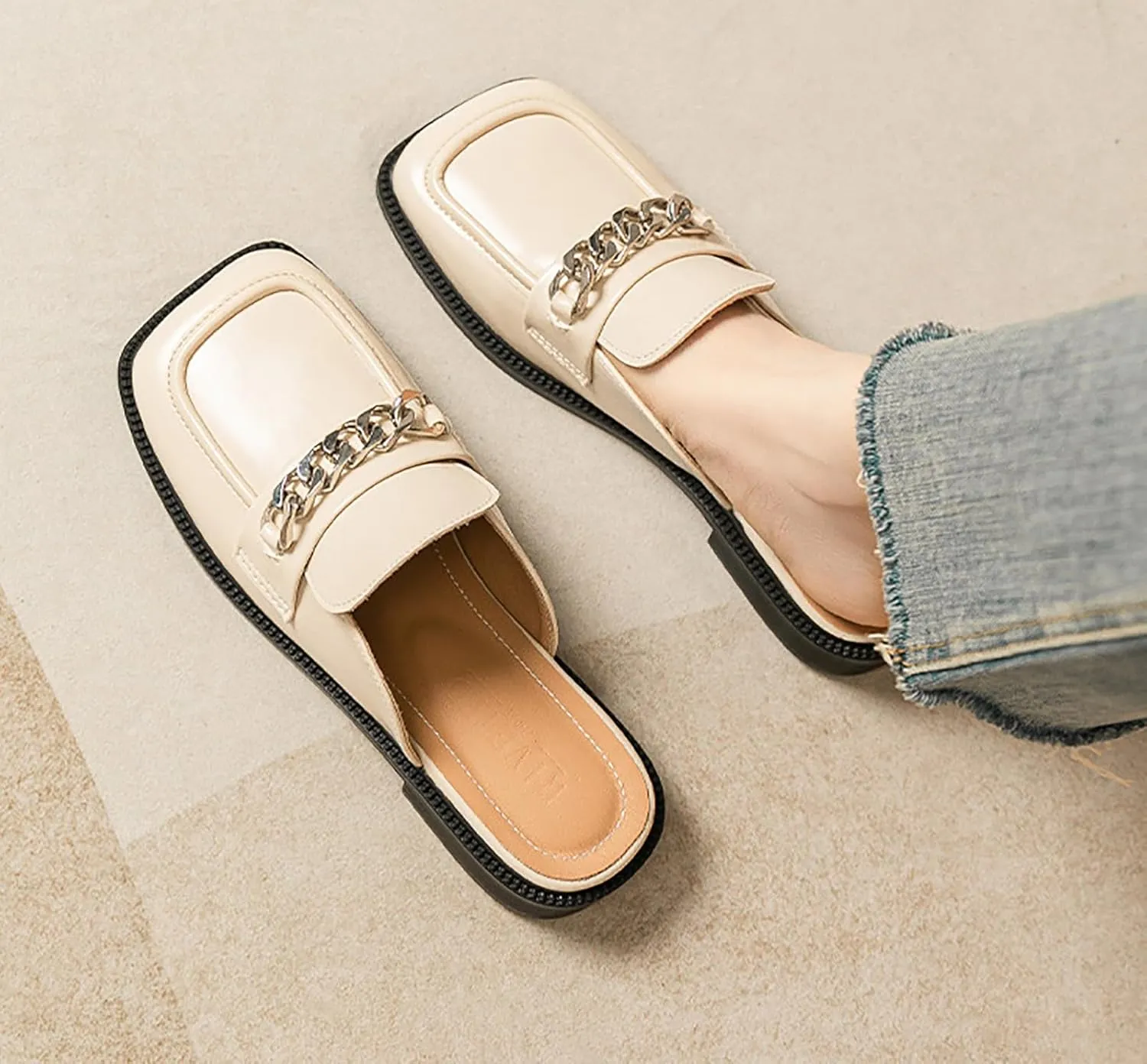 Women's Leather Square Toe Chunky Heel Mules,Fashion Metal Chain Slip-On Slides Loafer,Comfortable Backless Clogs Slippers