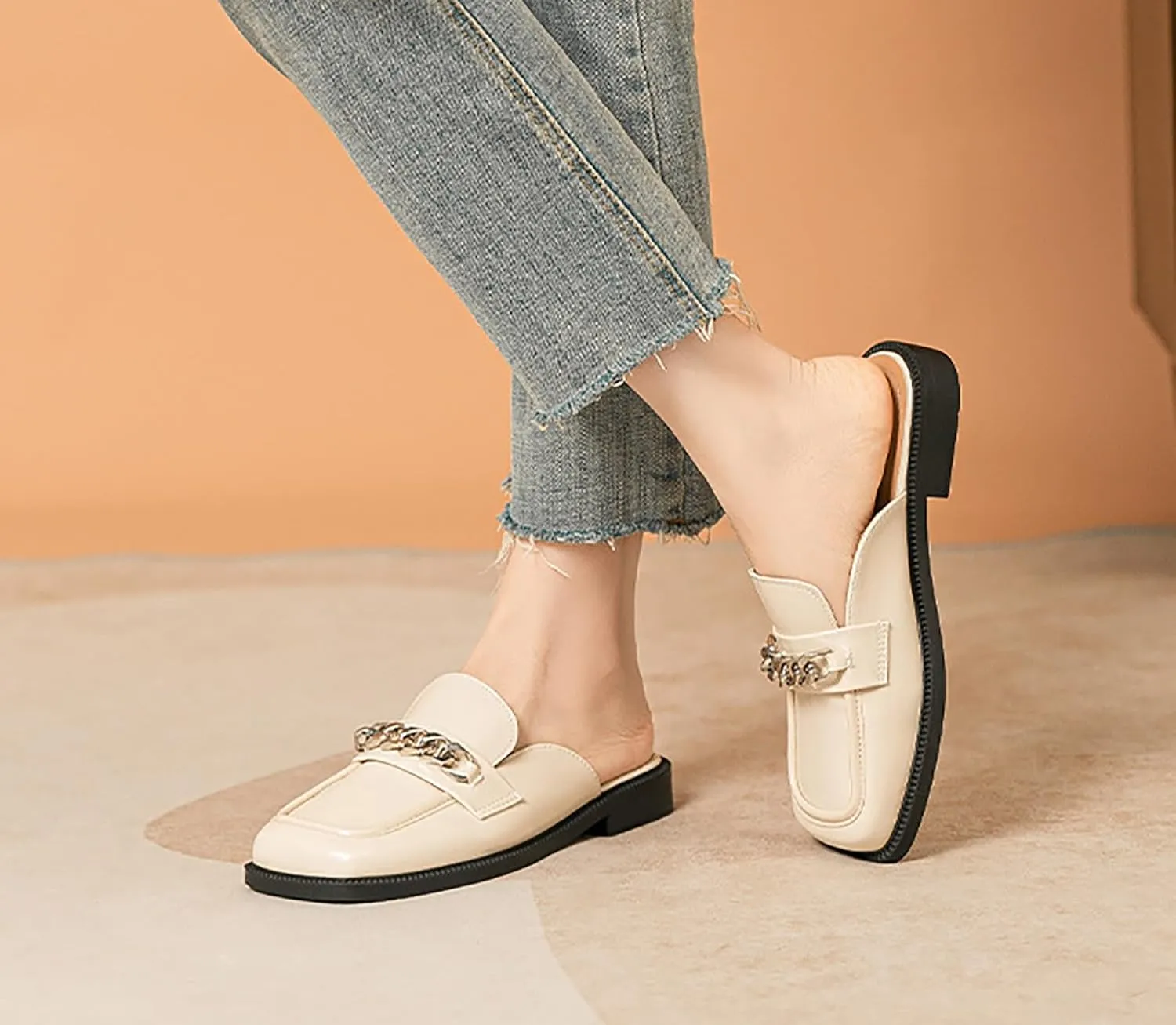 Women's Leather Square Toe Chunky Heel Mules,Fashion Metal Chain Slip-On Slides Loafer,Comfortable Backless Clogs Slippers