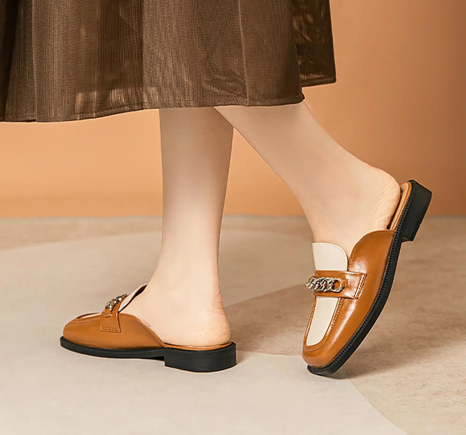 Women's Leather Square Toe Chunky Heel Mules,Fashion Metal Chain Slip-On Slides Loafer,Comfortable Backless Clogs Slippers