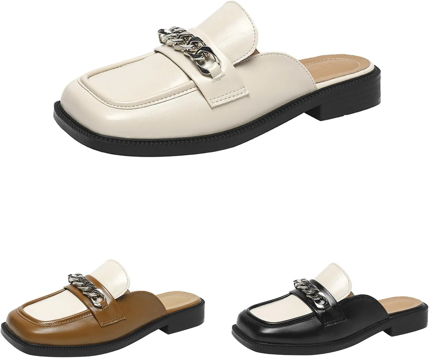 Women's Leather Square Toe Chunky Heel Mules,Fashion Metal Chain Slip-On Slides Loafer,Comfortable Backless Clogs Slippers