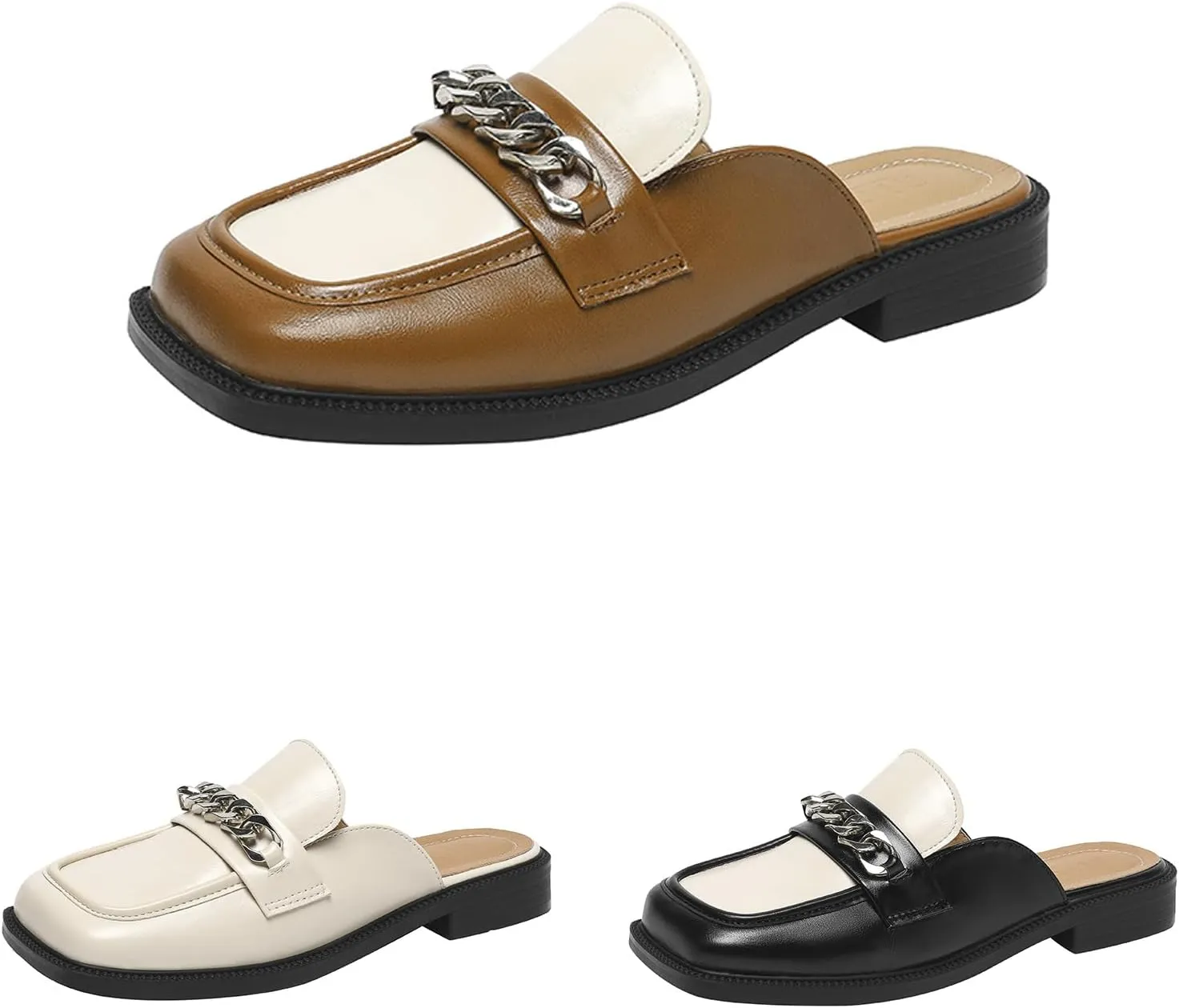 Women's Leather Square Toe Chunky Heel Mules,Fashion Metal Chain Slip-On Slides Loafer,Comfortable Backless Clogs Slippers