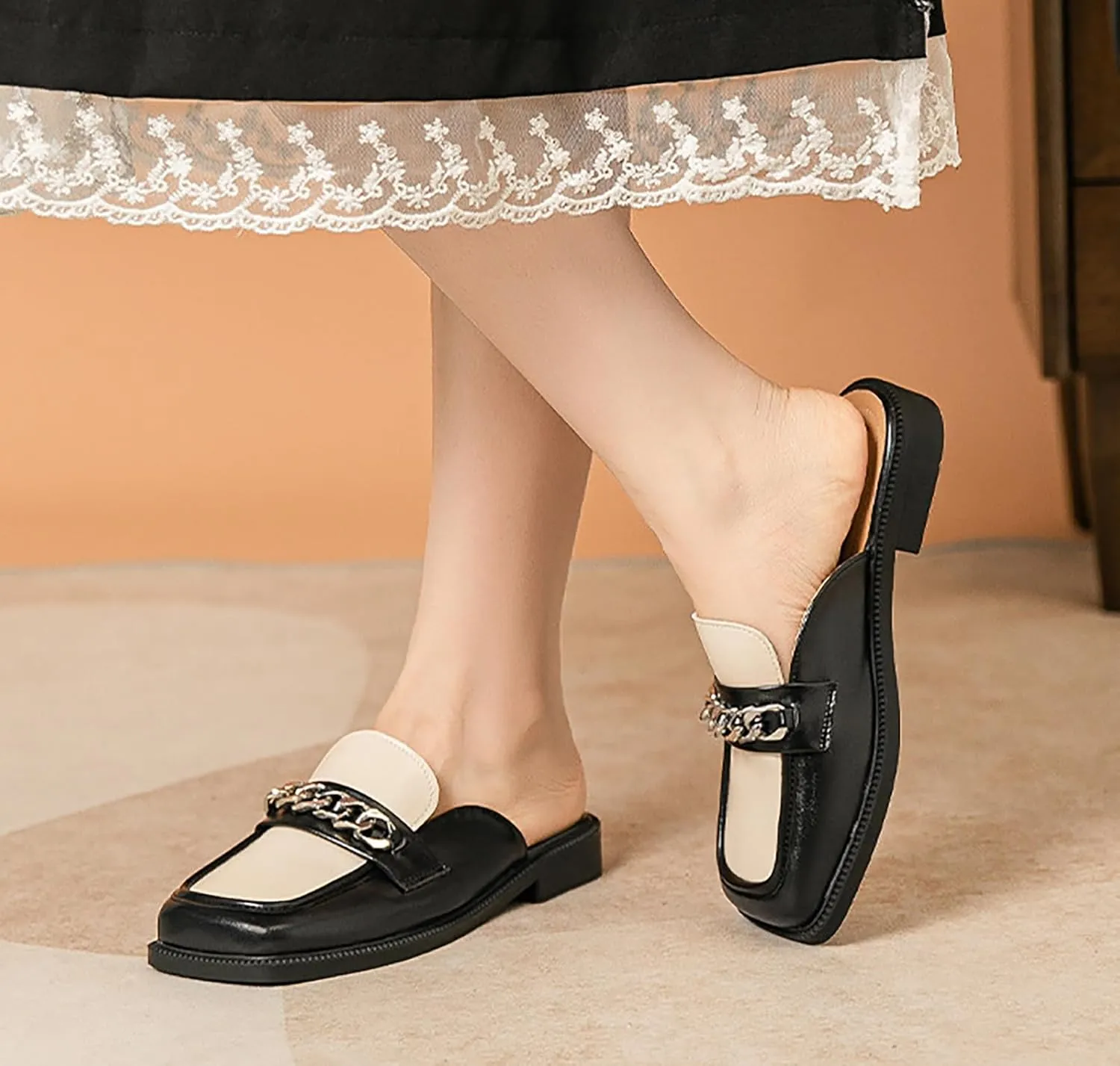 Women's Leather Square Toe Chunky Heel Mules,Fashion Metal Chain Slip-On Slides Loafer,Comfortable Backless Clogs Slippers