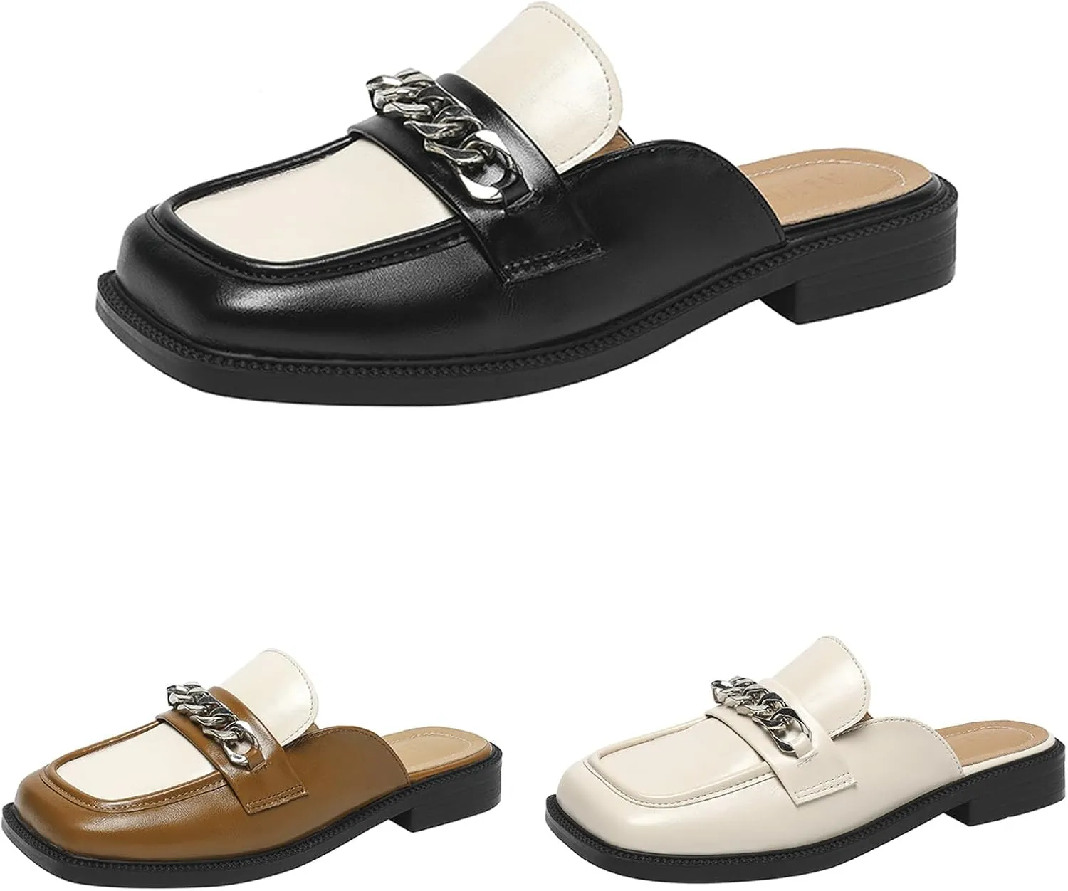 Women's Leather Square Toe Chunky Heel Mules,Fashion Metal Chain Slip-On Slides Loafer,Comfortable Backless Clogs Slippers