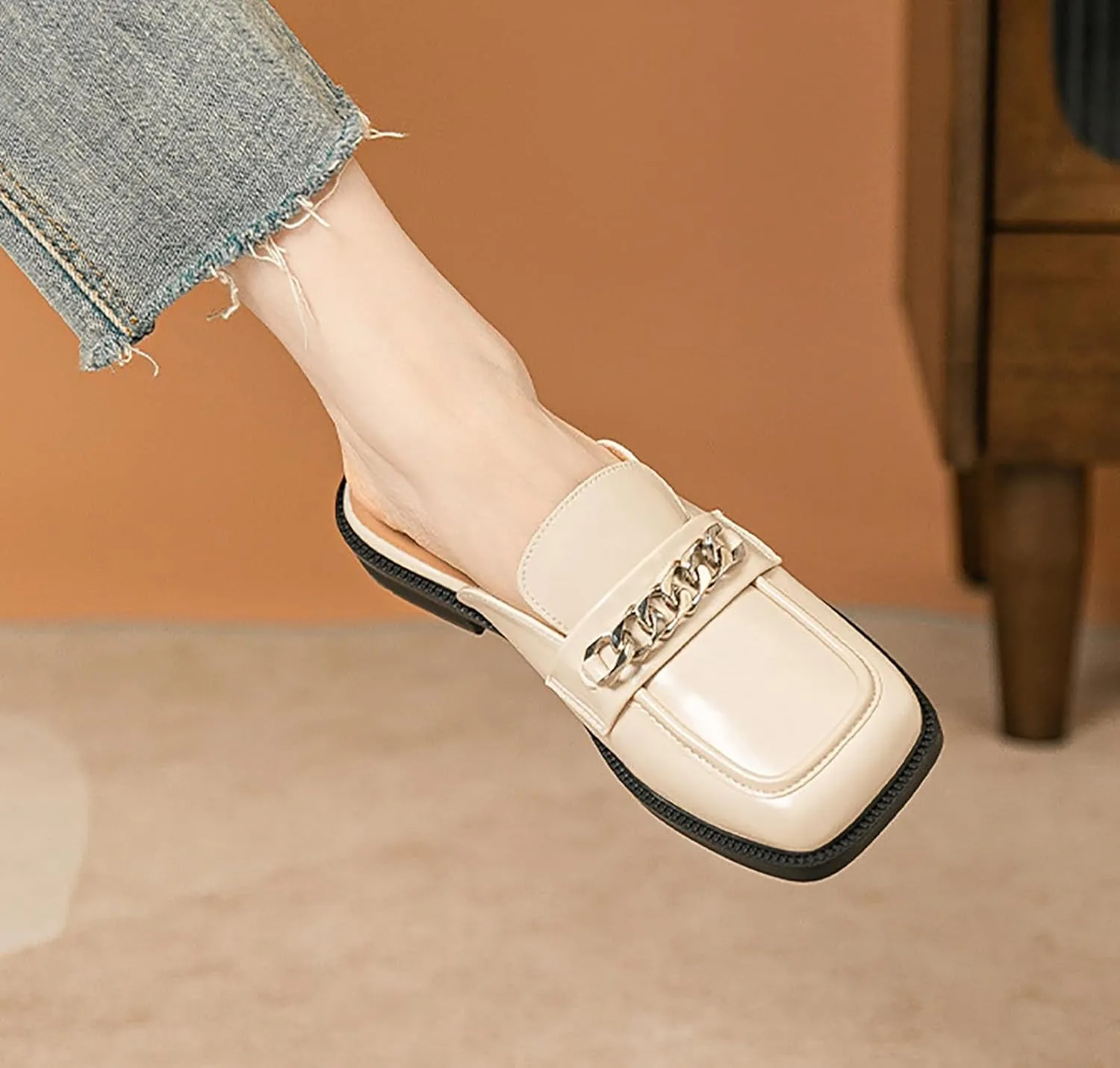 Women's Leather Square Toe Chunky Heel Mules,Fashion Metal Chain Slip-On Slides Loafer,Comfortable Backless Clogs Slippers