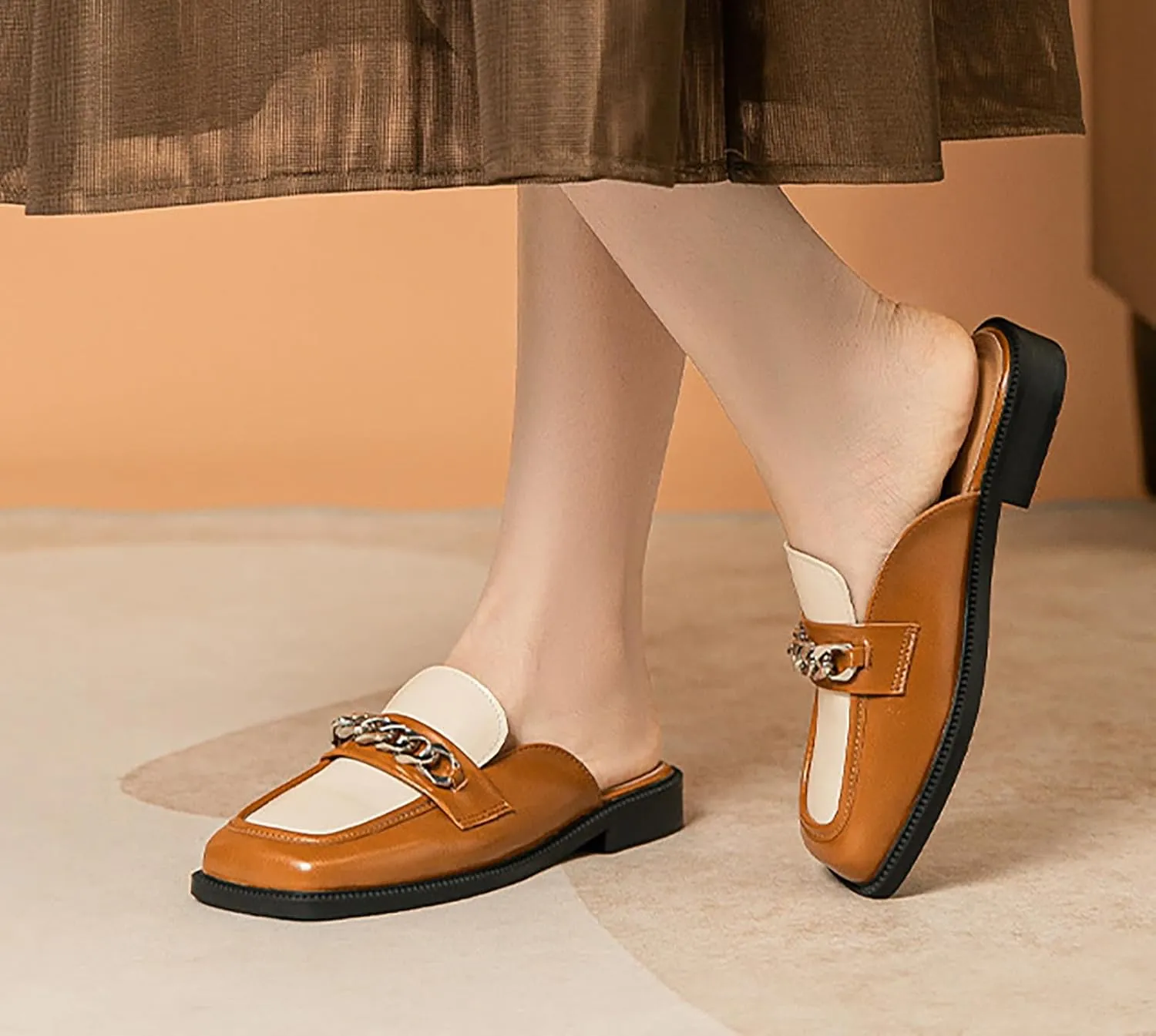 Women's Leather Square Toe Chunky Heel Mules,Fashion Metal Chain Slip-On Slides Loafer,Comfortable Backless Clogs Slippers