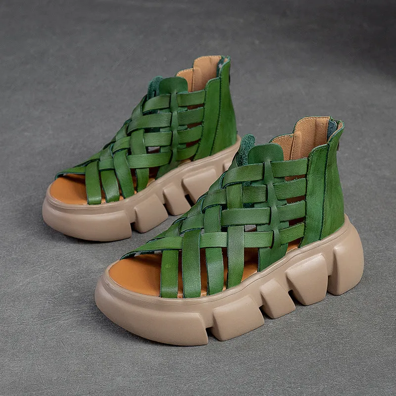 Women's Leather Woven Open Toe Platform Fashion Sandals