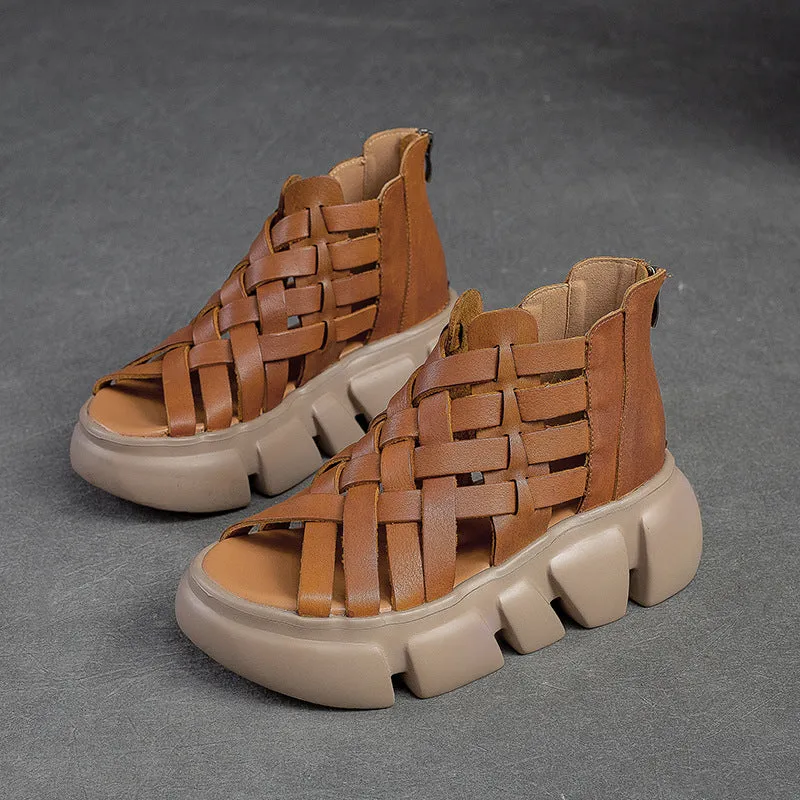 Women's Leather Woven Open Toe Platform Fashion Sandals