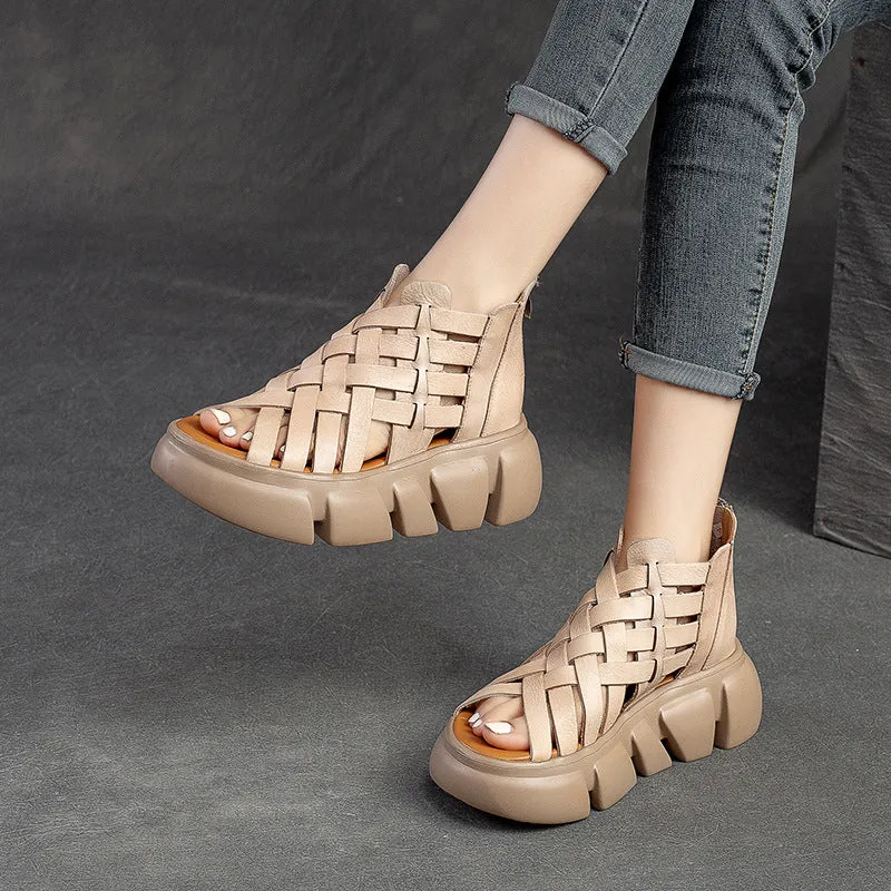 Women's Leather Woven Open Toe Platform Fashion Sandals