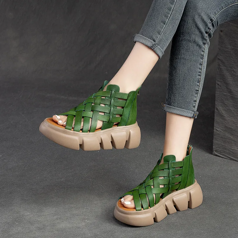 Women's Leather Woven Open Toe Platform Fashion Sandals