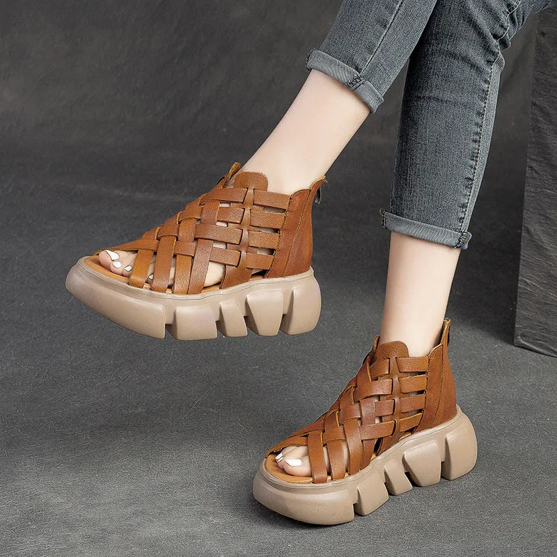 Women's Leather Woven Open Toe Platform Fashion Sandals