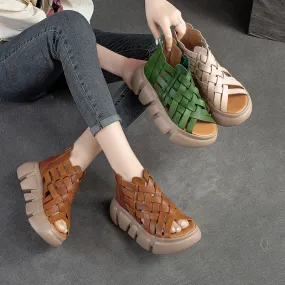 Women's Leather Woven Open Toe Platform Fashion Sandals