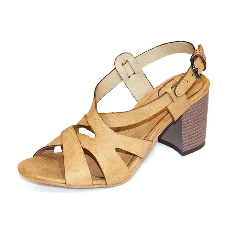 Women's peep toe hollowed strappy block heels sandals rome backstrap galiator sandals