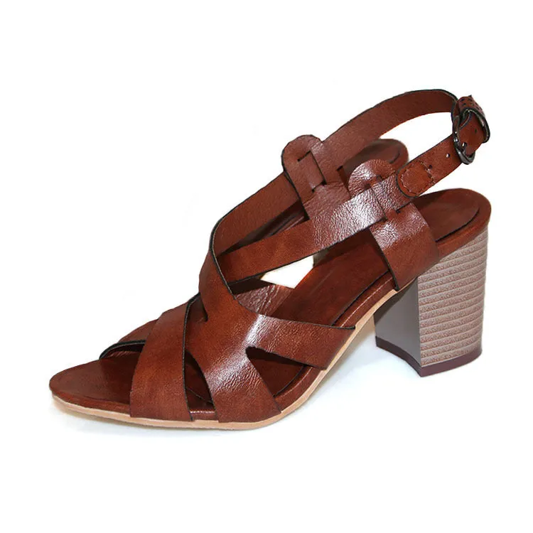 Women's peep toe hollowed strappy block heels sandals rome backstrap galiator sandals