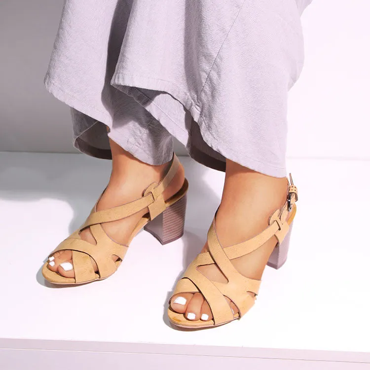 Women's peep toe hollowed strappy block heels sandals rome backstrap galiator sandals