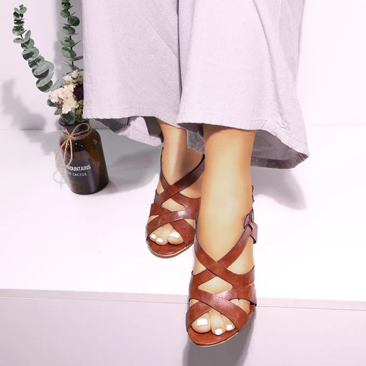 Women's peep toe hollowed strappy block heels sandals rome backstrap galiator sandals