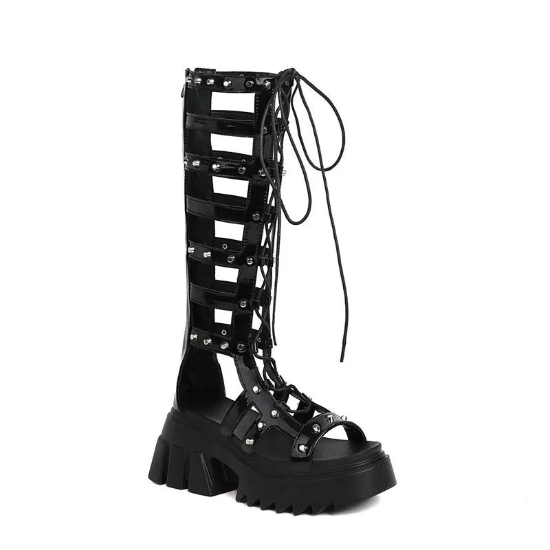 Women's rivets black punk knee high gladiator sandals
