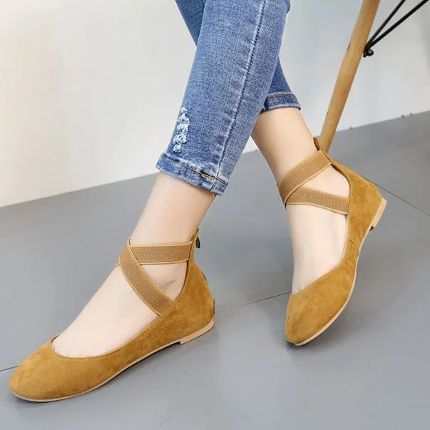 Women's round toe criss ankle wrap ballet flats spring summer slip on flats