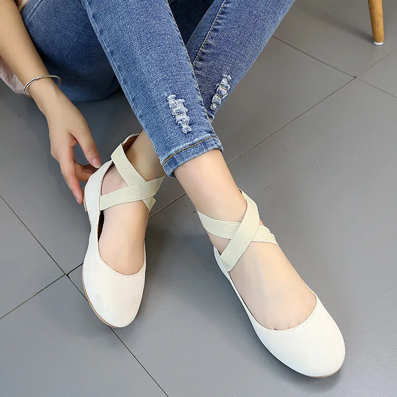 Women's round toe criss ankle wrap ballet flats spring summer slip on flats