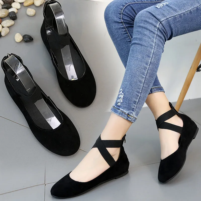 Women's round toe criss ankle wrap ballet flats spring summer slip on flats
