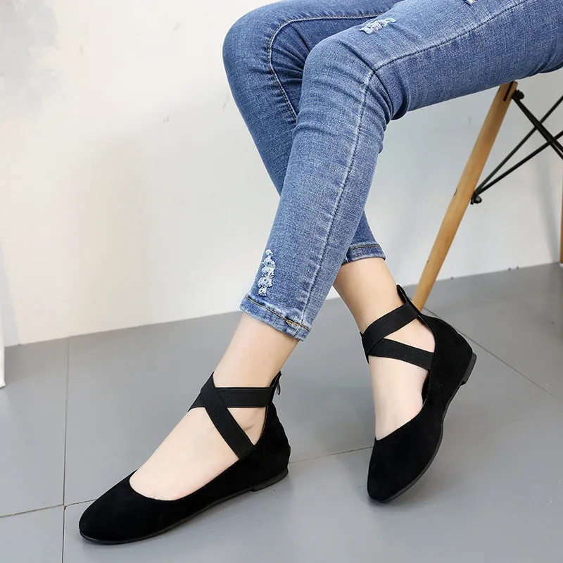Women's round toe criss ankle wrap ballet flats spring summer slip on flats