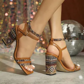 Women's vintage style color block high heels sandals