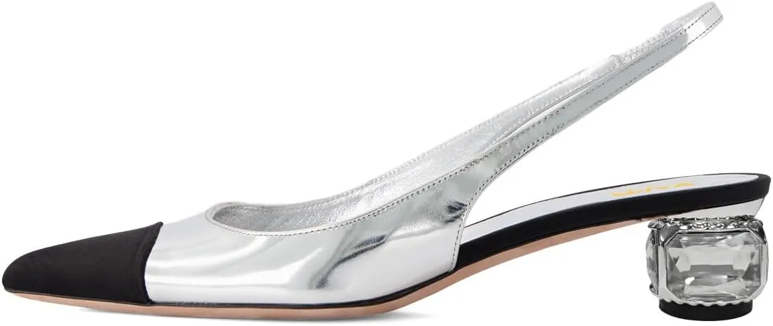 XYD Women's Chic Sling Back Sandal 2 Inches Crystal Block Low Heel Closed Pointed Toe Pumps Slip On Elegant Evening Dating Dress Shoes